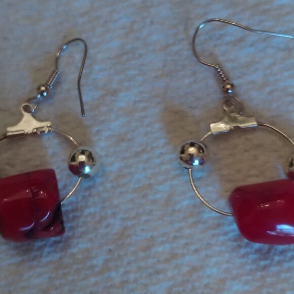 Red Coral and Black Sterling Silver Earrings - Picture 1 of 3